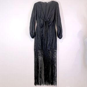 ZARA Fringed Linen Midi Dress Limited Edition Black 7491/908 Woman Size S
